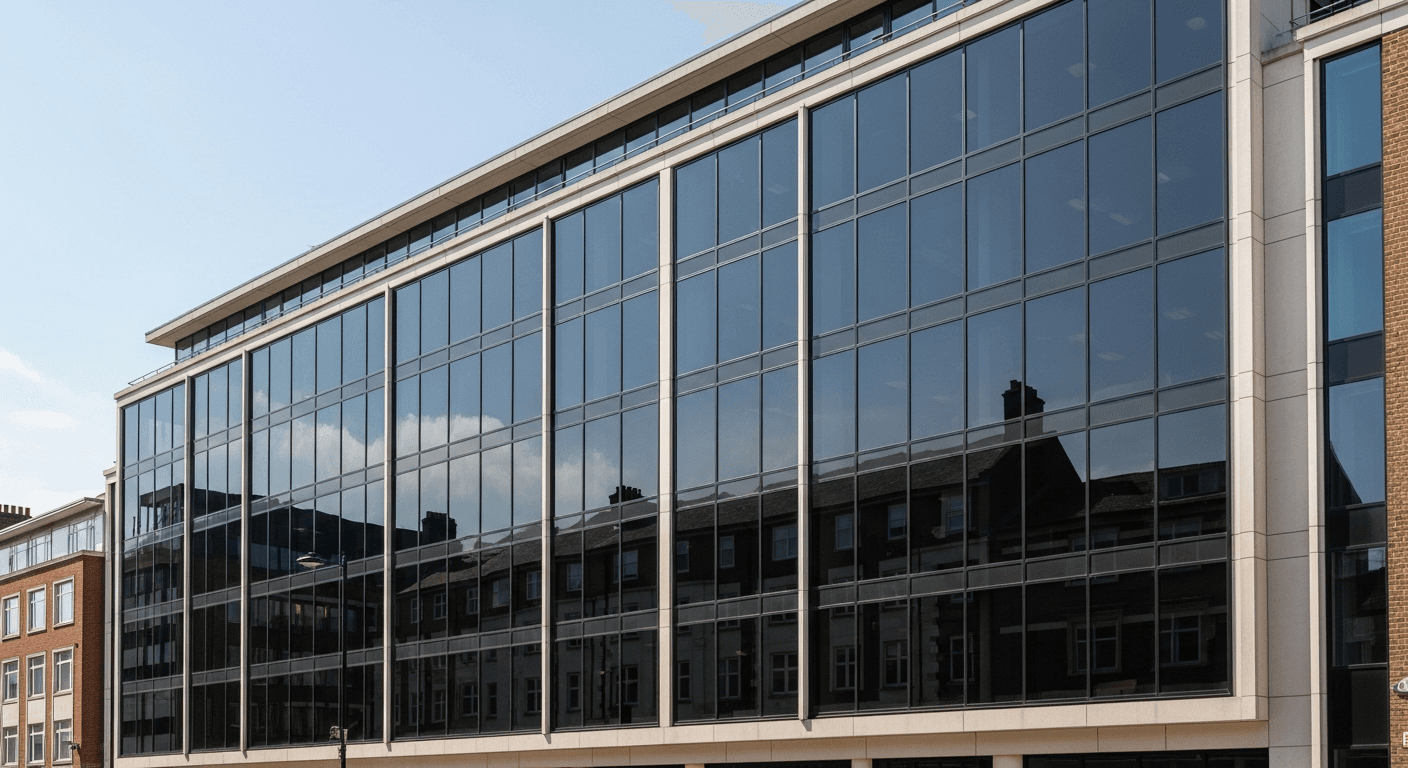 Illustrative modern office building with tinted glazing