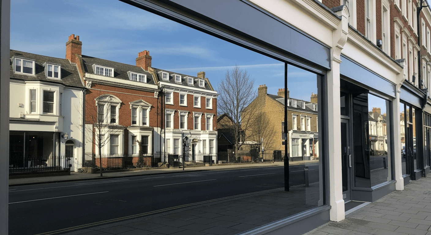 Illustrative reflective commercial shopfront glazing