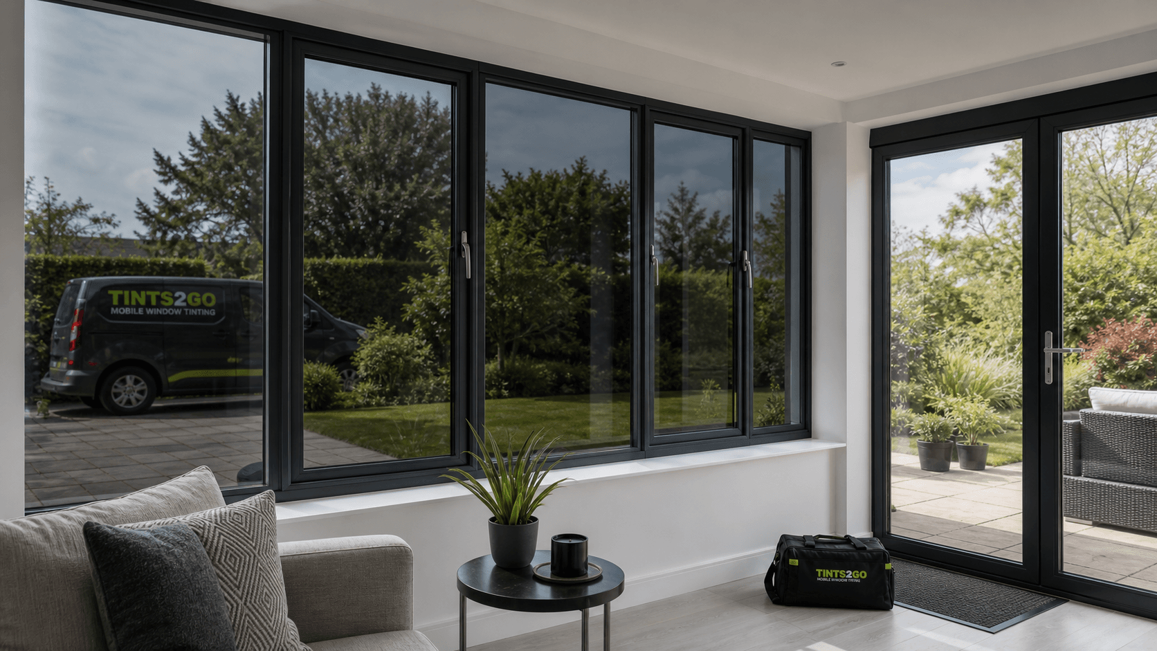 Tints2go branded home window tinting finish with installer