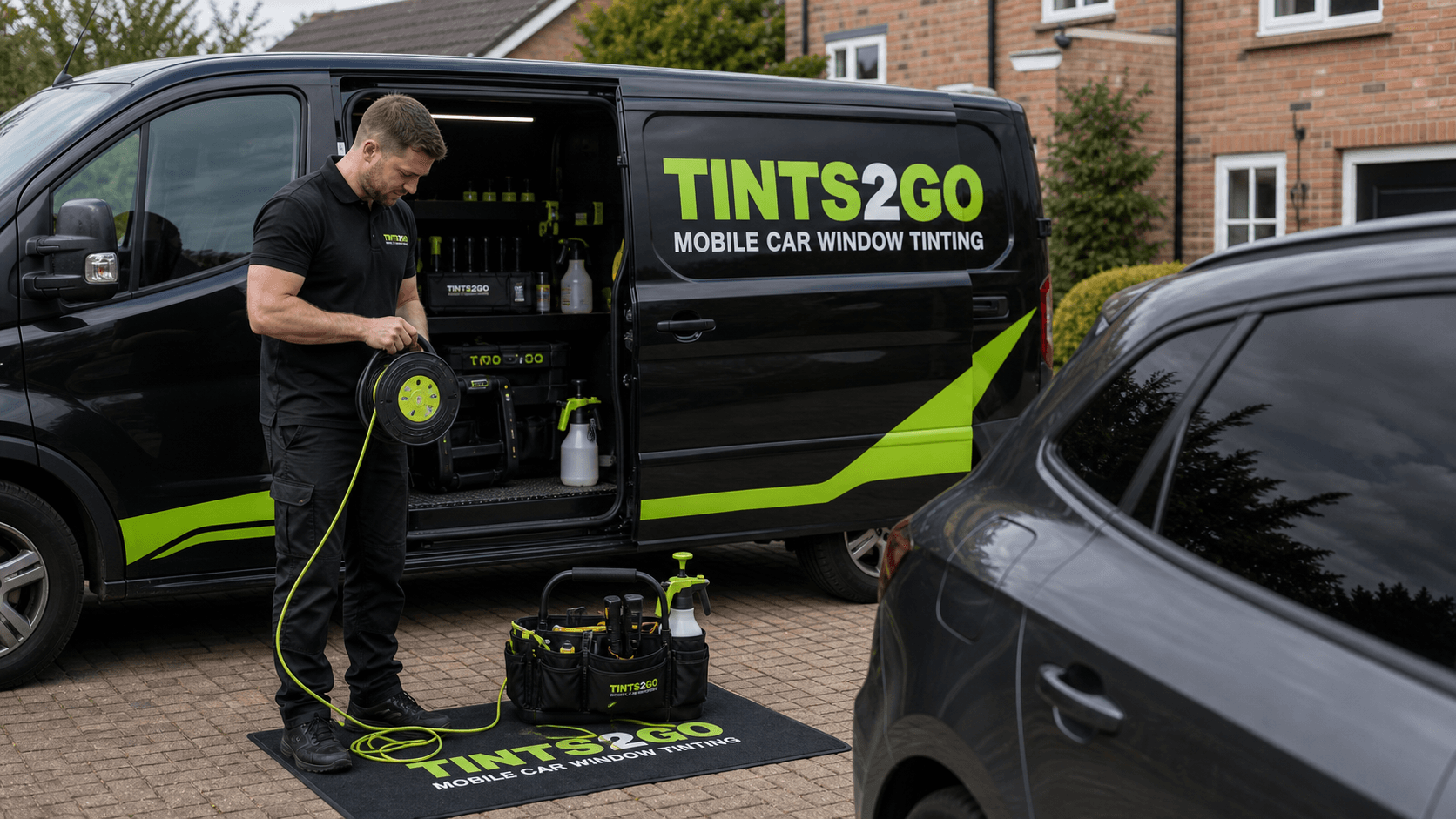 Tints2go branded mobile window tinting finish with green brand accents.